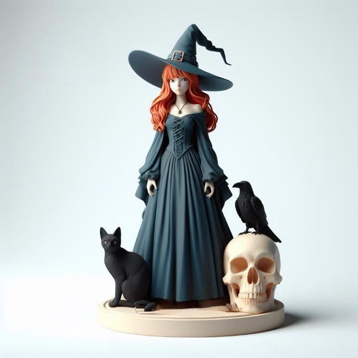 728 Red-Haired Witch with Cat and Raven - Full-Color 3D Model, magic, creature, sculpture, fantasy, wood, base, sword, warrior, wild, dragon, dnd, cat, monster, dog, godzilla, fair, totem, witch, werewolf
