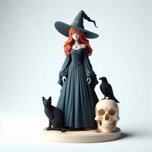728 Red-Haired Witch with Cat and Raven - Full-Color 3D Model, magic, creature, sculpture, fantasy, wood, base, sword, warrior, wild, dragon, dnd, cat, monster, dog, godzilla, fair, totem, witch, werewolf