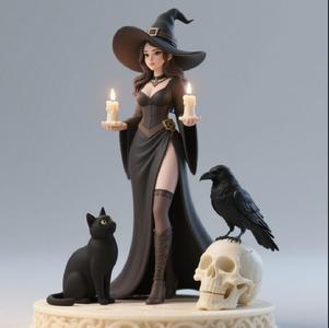 350 Elegant Witch with Candles, Black Raven, and Black Cat - Full-Body Figurine, statue, 3d print, magic, collectible, creature, dinosaur, sculpture, bear, monkey, witch, werewolf, serpent, cat, fantasy, fairy, art, dragon