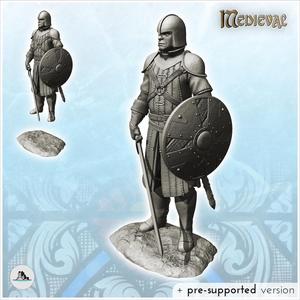 Medieval warrior in armor with shield, sword and helmet (33) - Medieval RPG D&D Gothic Feudal Old Archaic Saga 28mm 15mm