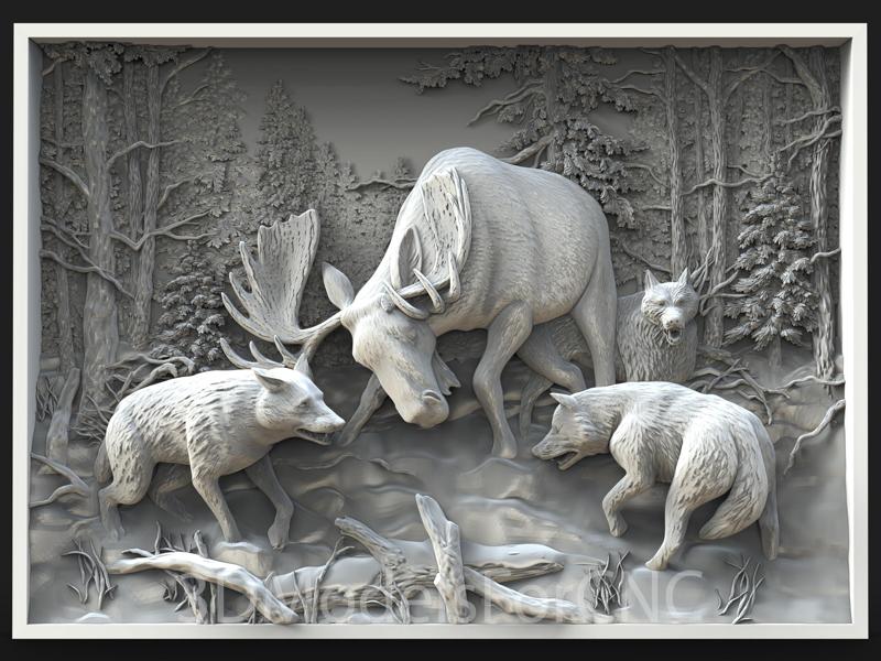 3D Model STL File for CNC Router Laser & 3D Printer Elk Fighting Wolves