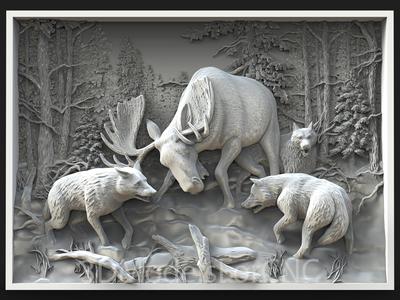 3D Model STL File for CNC Router Laser & 3D Printer Elk Fighting Wolves