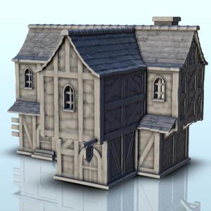 Medieval half-timbered house with flag (6) - Medieval Gothic Feudal Old Archaic Saga 28mm 15mm