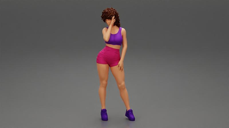 Young Beautiful Girl With Curly Hair Wearing Mini Short and sneakers