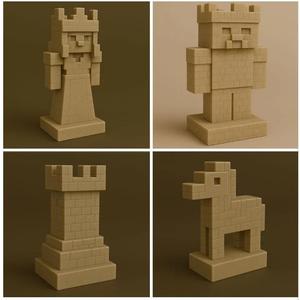 Minecraft Inspired 3D Printable Chess Set with Board and Pixel Characters   