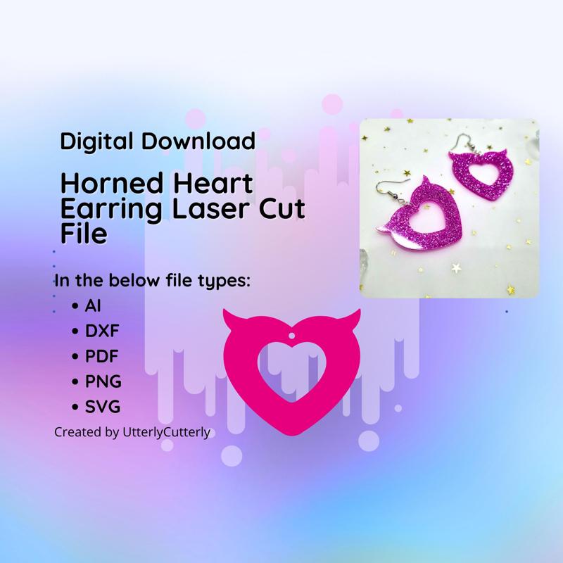 Horned Heart Earring Laser Cut File- svg, Dxf, Pdf & Png