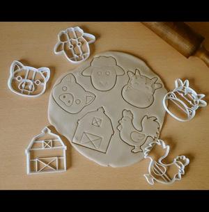 x5 Farm Animals and Barn - cookie cutters, dough - cow, pig