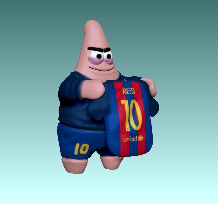 patrick star from spongebob as messi in barcelona goal celebration