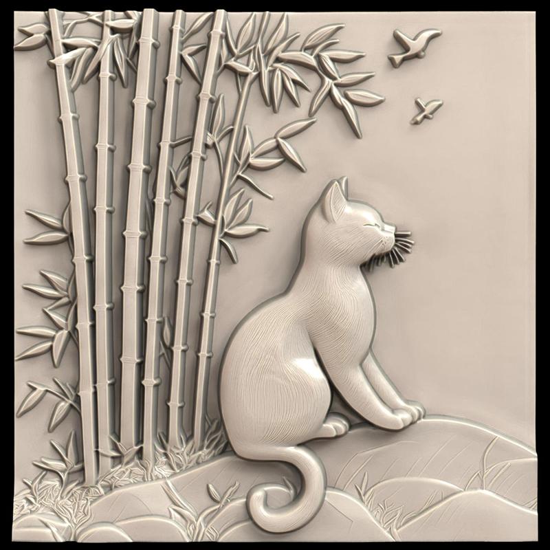 3D Model STL File for CNC Router/Laser & 3D Printer A Cat Meditating on a Bamboo Hill