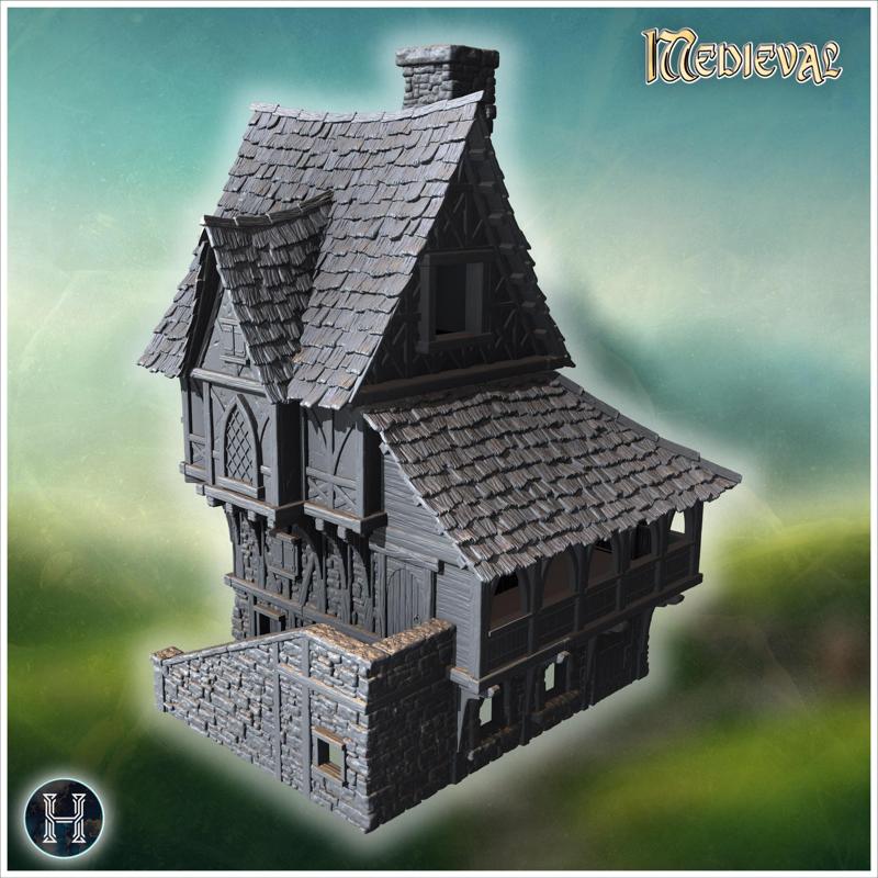 Large medieval house with steep roofs, timber framing, and stone walls with intricate details (44) - Medieval Gothic Feudal Old Archaic Saga 28mm 15mm RPG