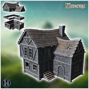Spacious medieval house with detailed stonework and asymmetrical roof (20) - Medieval Gothic Feudal Old Archaic Saga 28mm 15mm RPG