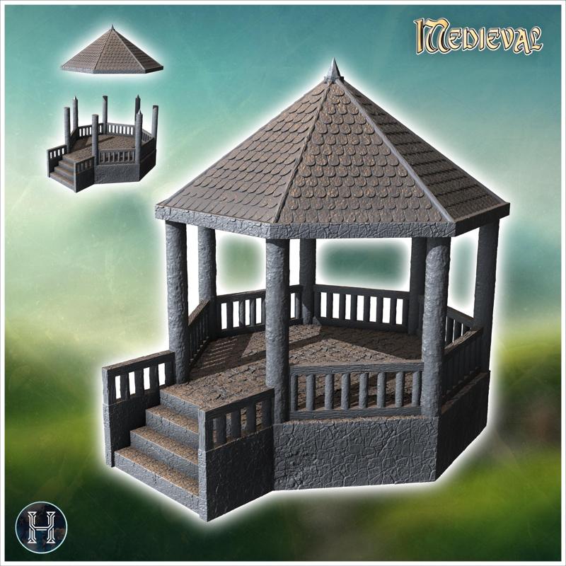 Gazebo with a conical roof, columns, and surrounding steps for a garden setting (24) - Medieval Gothic Feudal Old Archaic Saga 28mm 15mm RPG