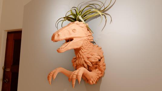 velociraptor dinosaur head wall mount with arms planter pot flower vase roaring