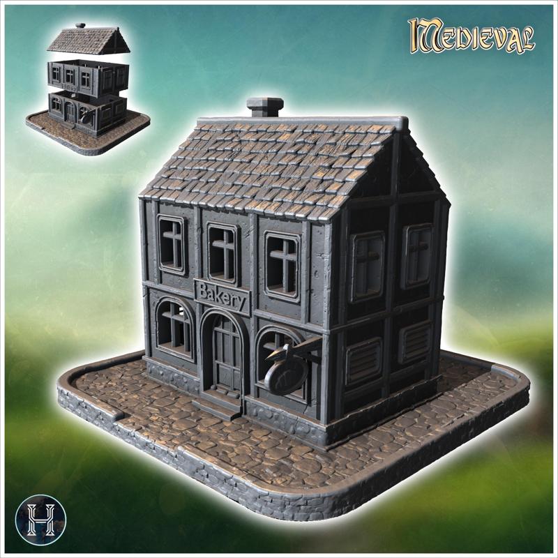 Medieval bakery with stone base, wooden upper floors, and a shingled roof (1) - Medieval Gothic Feudal Old Archaic Saga 28mm 15mm RPG