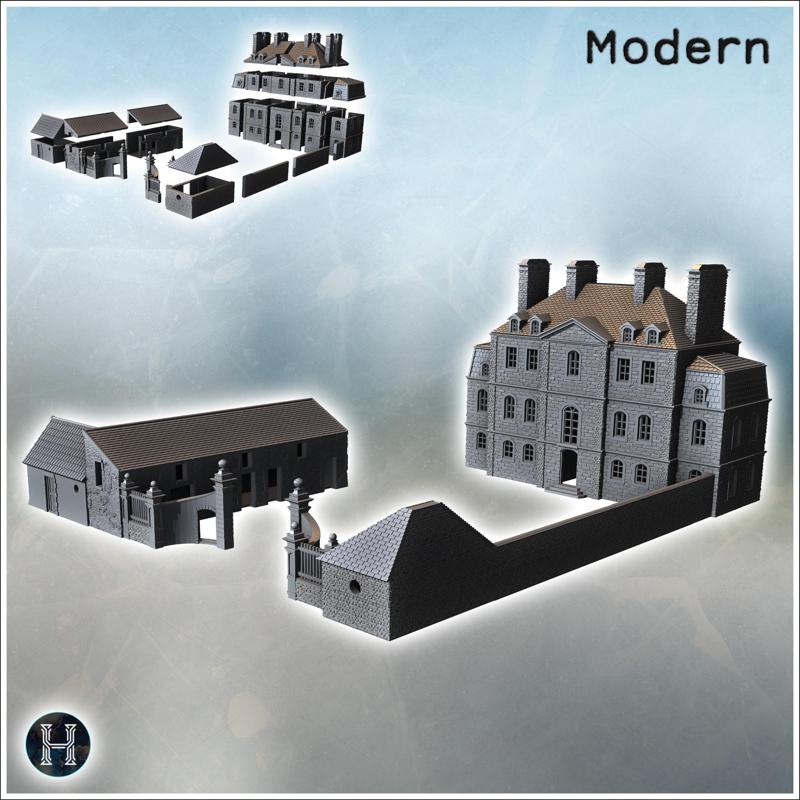 Large manor house with multiple chimneys, stone facade, and adjacent outbuilding (Carentan, Normandy 1944, France) (6) - World War Two Second WWII Bocage D-Day Operation Overlord Western US