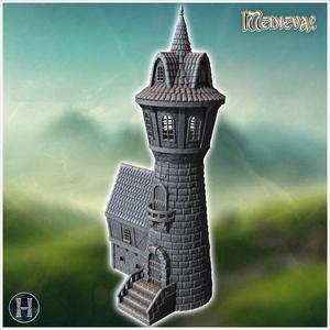 Tall cylindrical tower with conical roof, stone walls, and an arched entryway with stairs (28) - Medieval Gothic Feudal Old Archaic Saga 28mm 15mm RPG