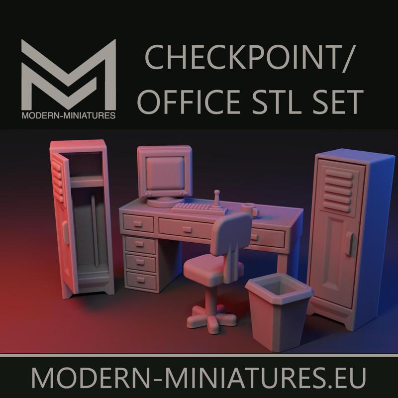 Office or Checkpoint interior set. Desk, locker, computer