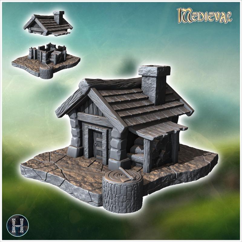 Medieval woodcutter's hut with log and axe (8) - Medieval Gothic Feudal Old Archaic Saga 28mm 15mm RPG