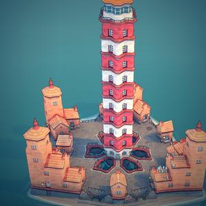 mini city with a lighthouse