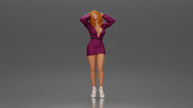 Confident woman in purple dress and white heels striking pose