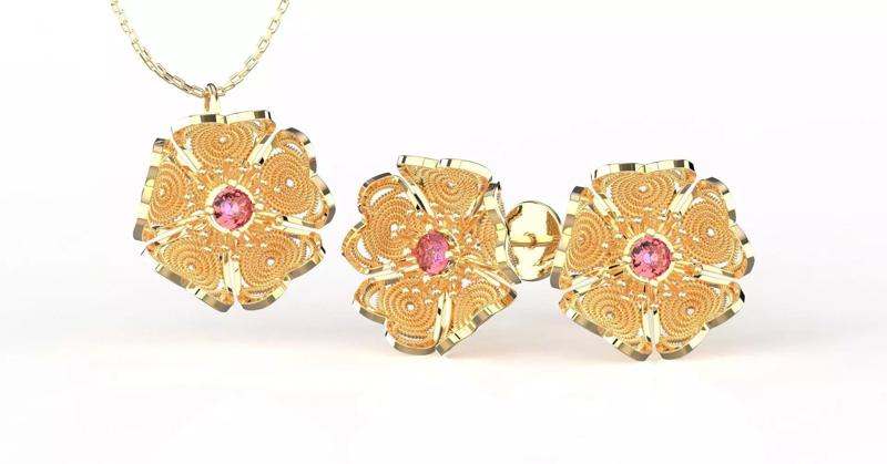 Filigree Flower Stud and Pendant 14 Sakura with stone