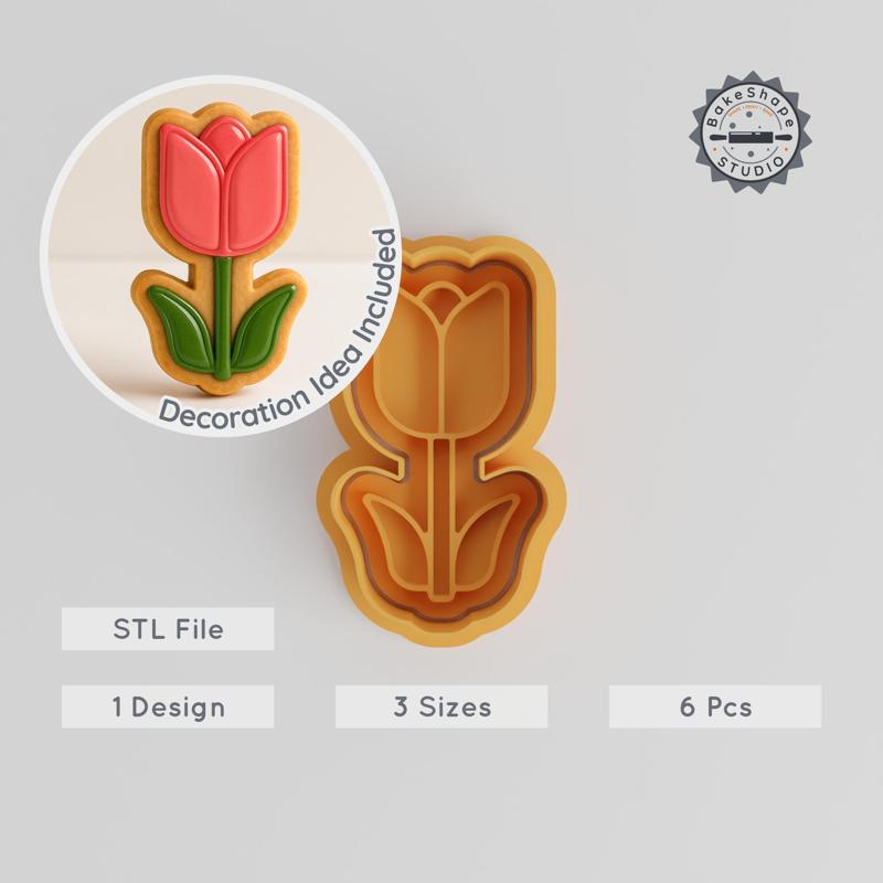 Tulip Shape Cutter & Stamp Collection, Cookie & Fondant Tools, Garden Flower, Spring Blossom, 3 Sizes, 6 Piece Set