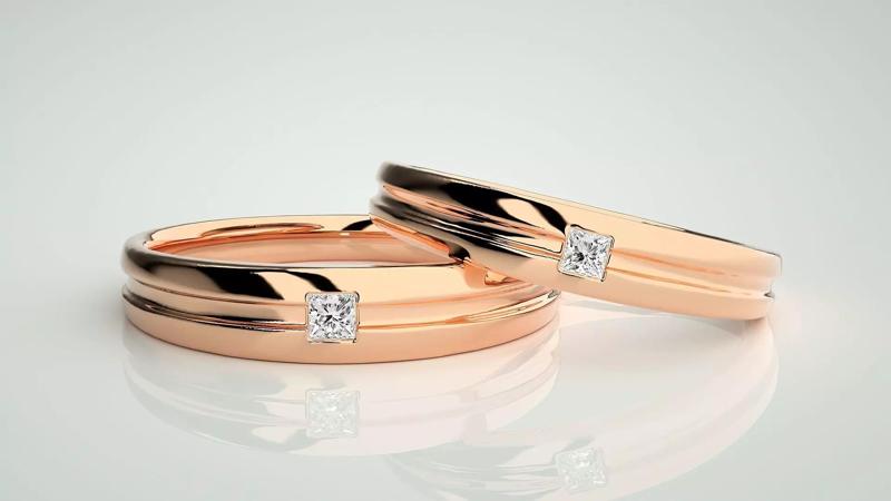 Princess Solitaire Couple Band Ring 3dm stl render detail