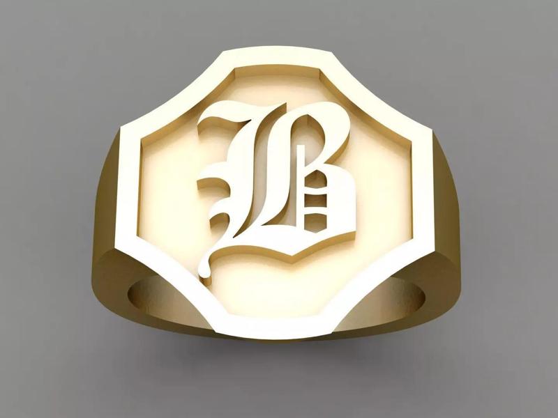 B Letter Solid Gold Signet Ring Monogram Men Ring