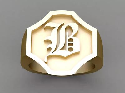 B Letter Solid Gold Signet Ring Monogram Men Ring