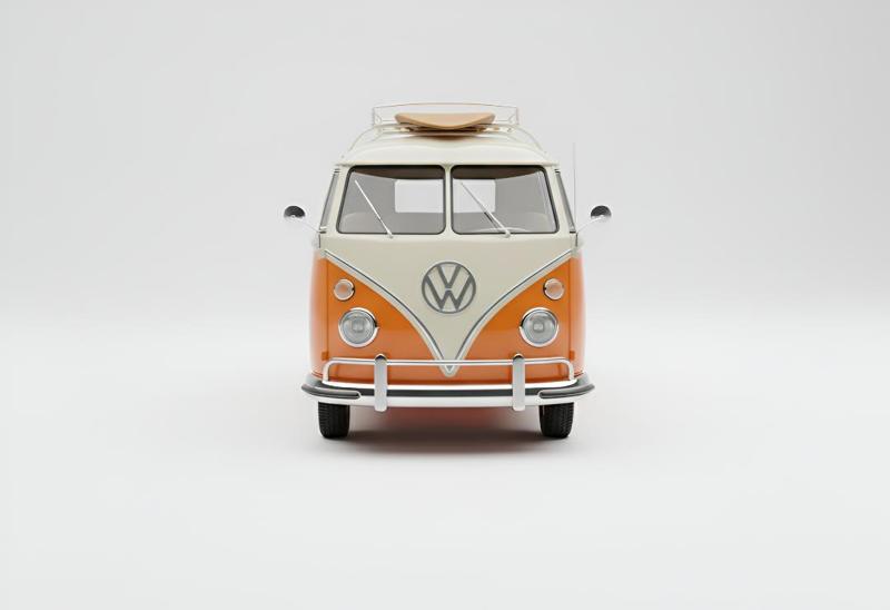 Classic Orange and White Volkswagen Bus with Surfboard