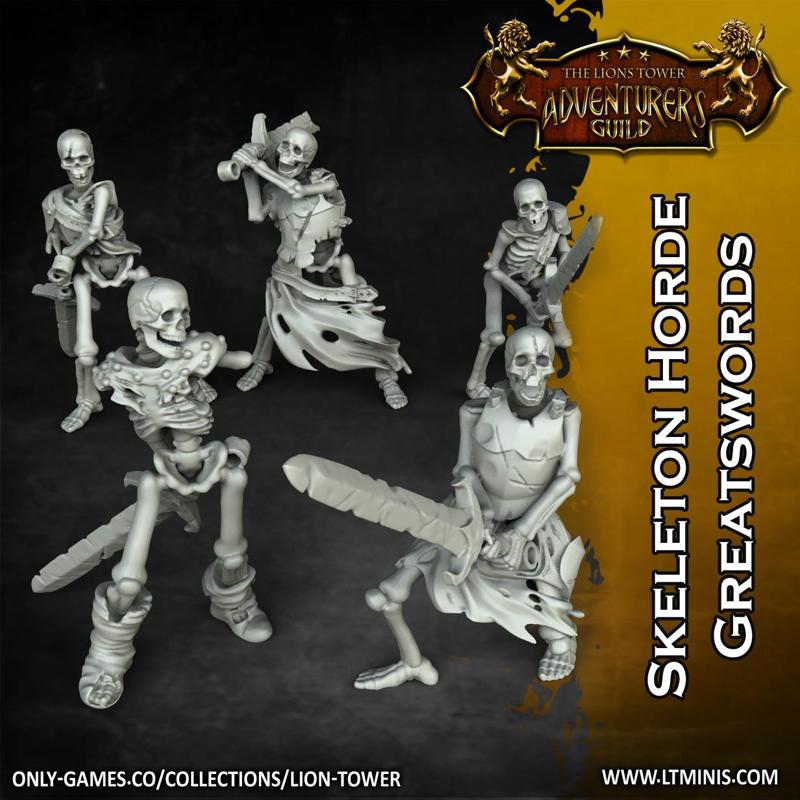 Skeleton Horde - Greatswords - Set of 5 ( (5 x 32MM SCALE, PRE-SUPPORTED MINIATURES)