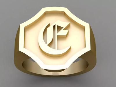 E Letter Solid Gold Signet Ring Monogram Men Ring