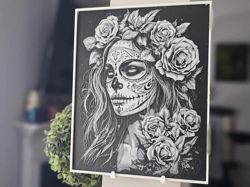 Black And White La Catrina Hueforge 3D Printed Textured Art