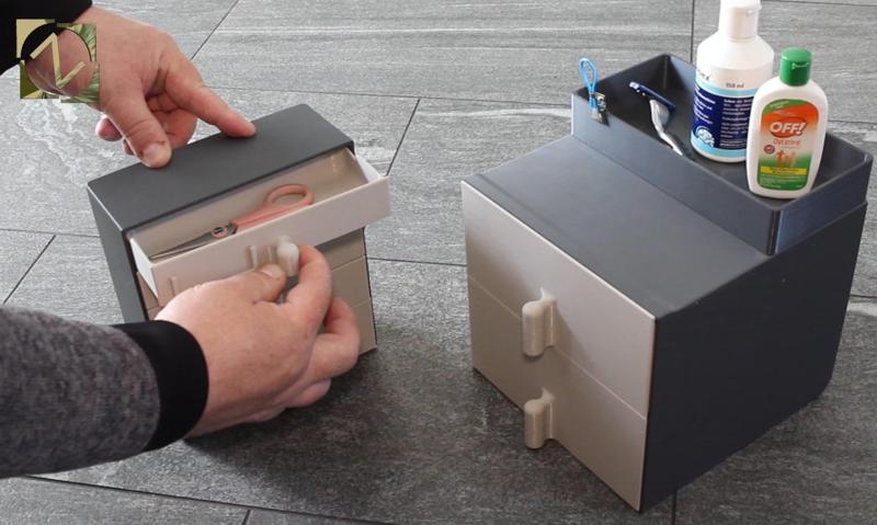 Drawer box with pull-out stop, rounded drawer corners and guided top box option.