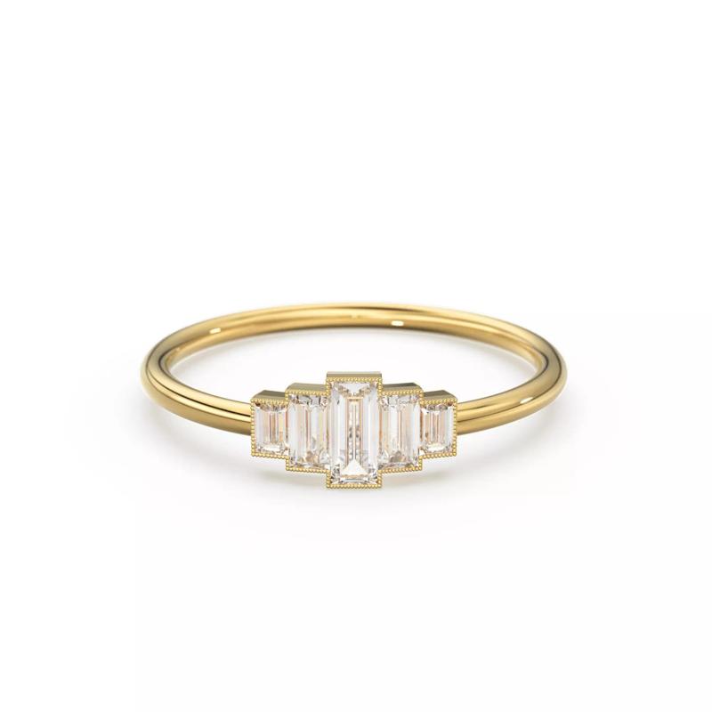 Step Cut Baguette Diamond Engagement Milgrain Ring Wedding Band