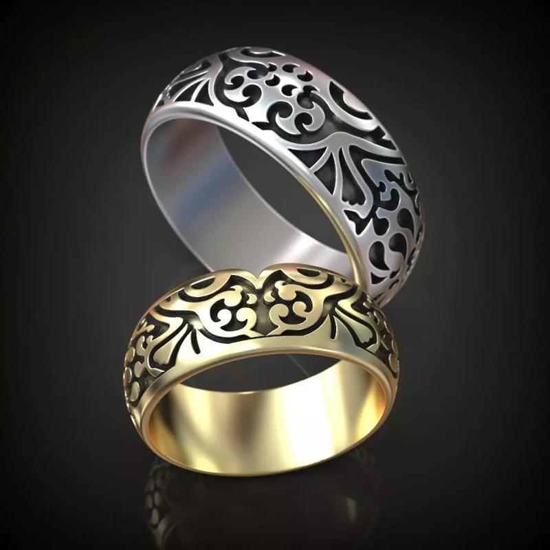 Wedding rings band set oxidized pattern