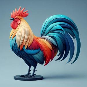 2174 Colorful 3D Model of a Rooster on Base, pug, dachshund, poodle, rooster, dog, dogue, elephant, beagle, monkey, lion, fox, bull terrier, pomeranian, galgo, wolf, doberman pinscher, newfoundland, crocodile