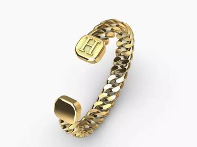 gold initial H miami cuban chain link bangle bracelet