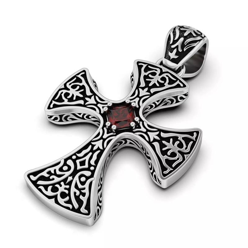 Gothic Cross Pendant with Garnet Gemstone