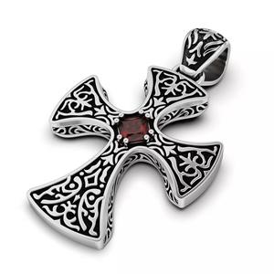 Gothic Cross Pendant with Garnet Gemstone