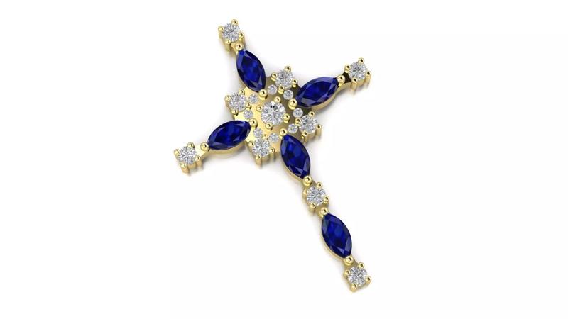 Cross 3D print model gold with sapphires and diamonds