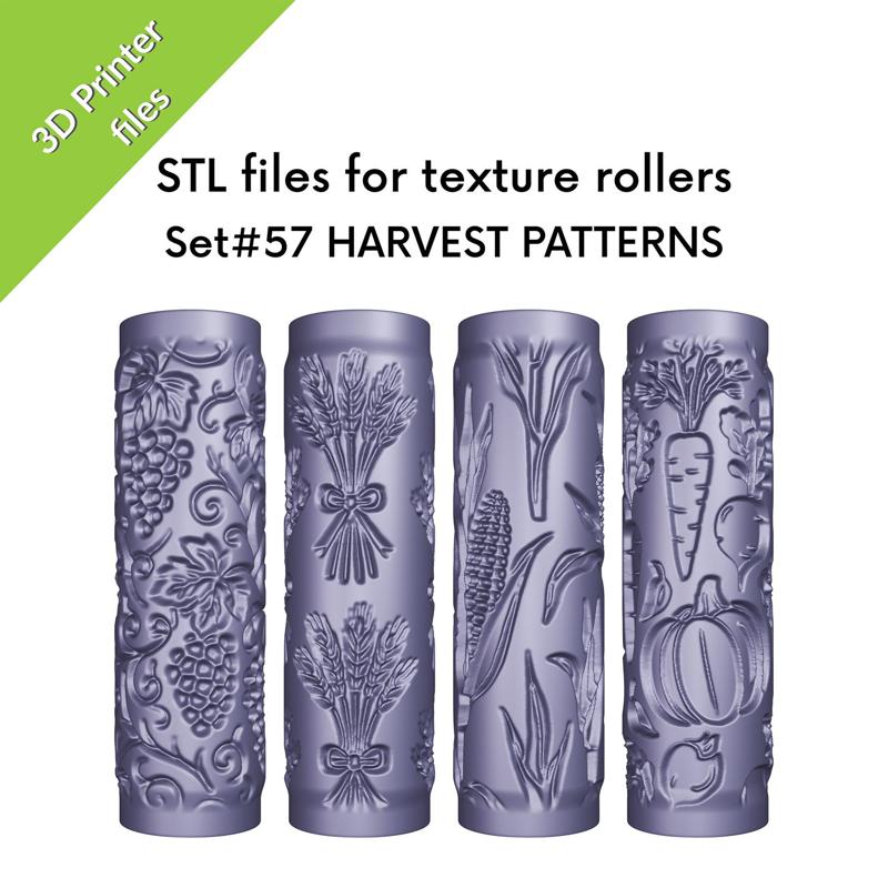 Texture Mini Rollers for clay, Harvest patterns – grapes, wheat, corn, veggies, files for 3D printing, Set #57