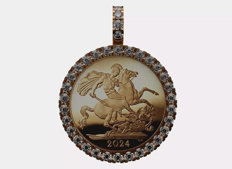 1ct diamond set gold full sovereign coin frame pendant