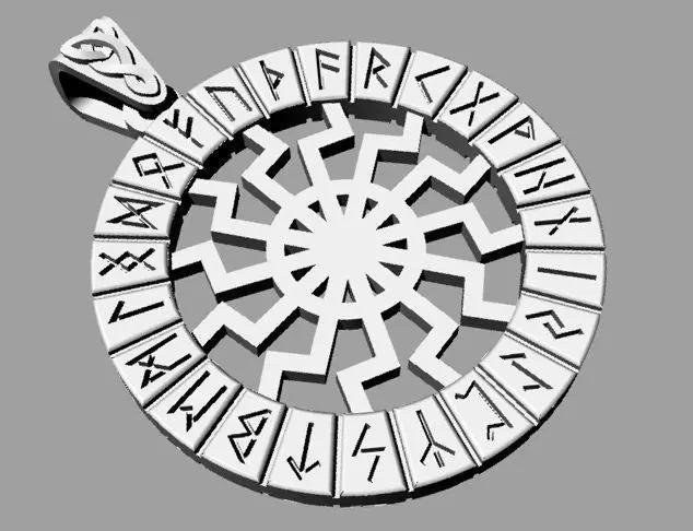 Pendant Black Sun in Futhark runes circle and Ear Celtic knot