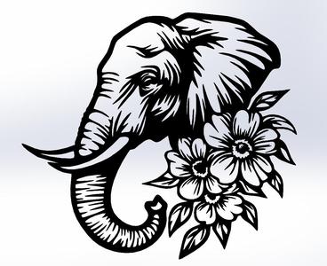 Elephant with Flowers Line Art – Majestic 3D Model of an Elephant Surrounded by Blooms