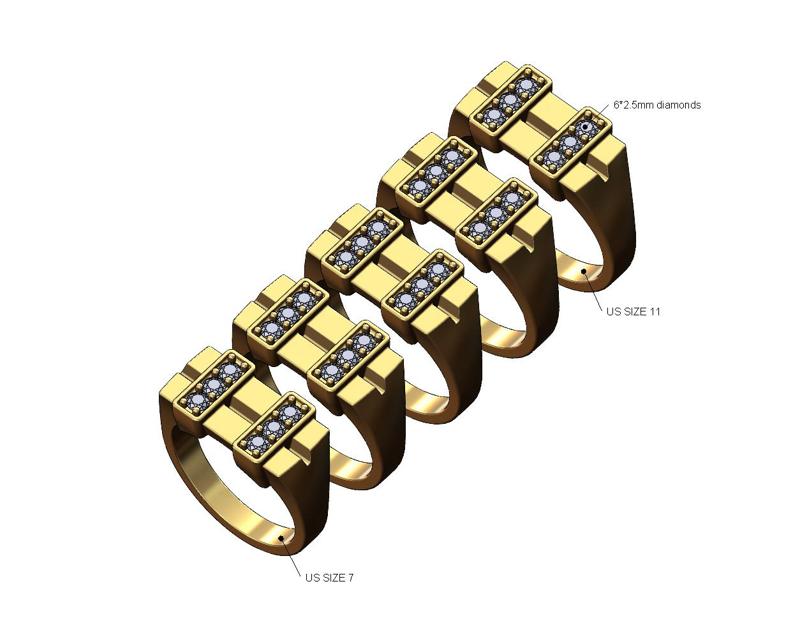 Double diamond line split rectangular signet ring US sizes 7to11 3D print model