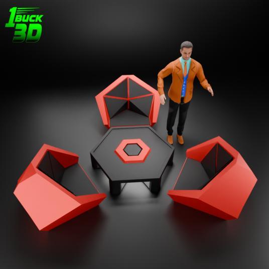 🟢 Futuristic Low Poly Table and Chairs Set for 3.75" (1:18) Figure Dioramas