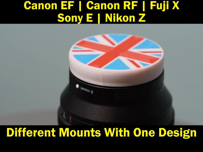 Sony E-mount, Fujifilm X-mount, Canon RF-mount, Canon EF-mount, Nikon Z-mount lens caps