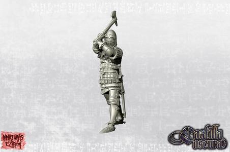 "Knight on foot slashing with axe from above - 14th century"