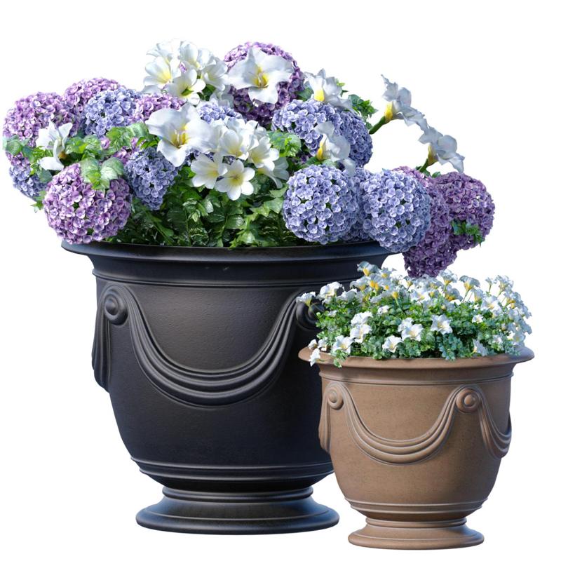 Flower beds,bouquet,bush,plant,Petunia and Hydrangea flowers in Luxury classic garden pots, flowerpots for decoration in Provence style for Porch ,Terrace,balcony,Entrance group.Indoor plant